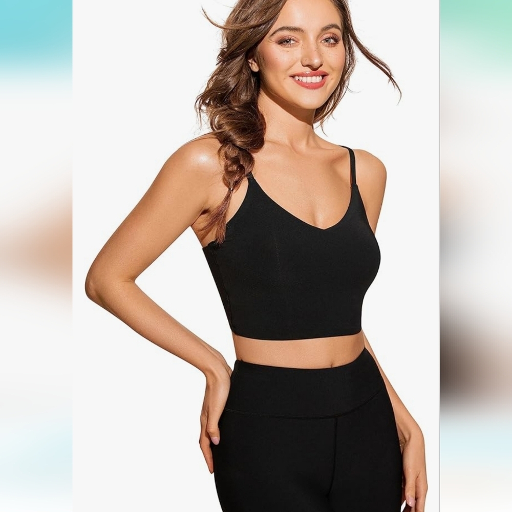 CRZ YOGA Bikini/Sport Top V Neck‎ Adjustable Spaghetti Straps Padded Sz XS black